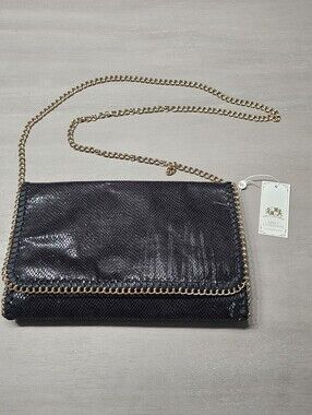 NWT Urban Expressions Black Snakeskin Whipstitch Clutch Crossbody Bag